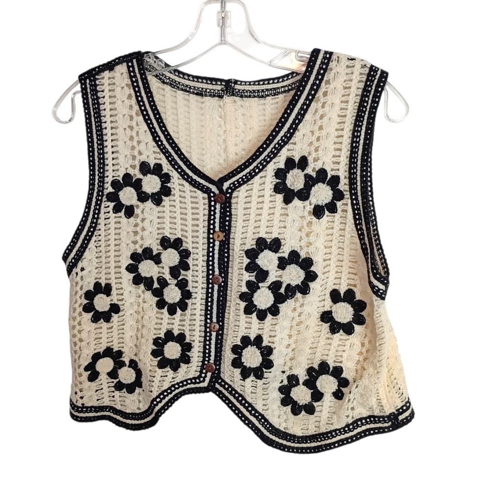 Emery Rose -Black and Cream Crochet Floral Vest Top - Size S